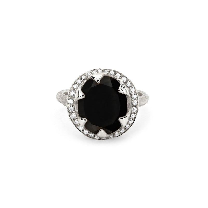 Queen Oval Onyx Ring with Full Pavé Diamond Halo White Gold 3  by Logan Hollowell Jewelry