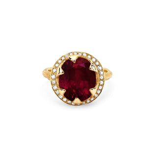 Queen Oval Ruby Ring with Full Pavé Diamond Halo Yellow Gold 5  by Logan Hollowell Jewelry