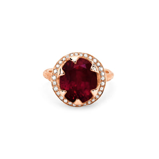 Queen Oval Ruby Ring with Full Pavé Diamond Halo Rose Gold 5  by Logan Hollowell Jewelry