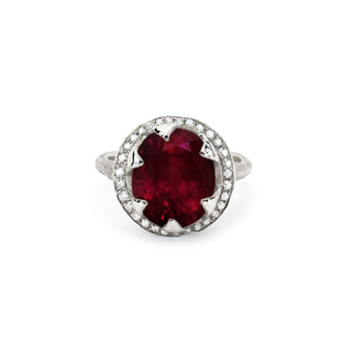 Queen Oval Ruby Ring with Full Pavé Diamond Halo White Gold 5  by Logan Hollowell Jewelry