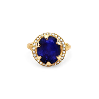 Queen Oval Sapphire Ring with Full Pavé Diamond Halo Yellow Gold 5  by Logan Hollowell Jewelry
