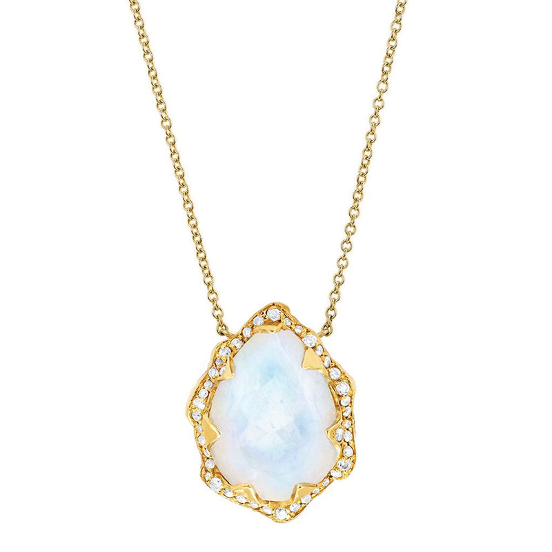 Queen Water Drop Moonstone Necklace with Full Pavé Diamond Halo Yellow Gold   by Logan Hollowell Jewelry