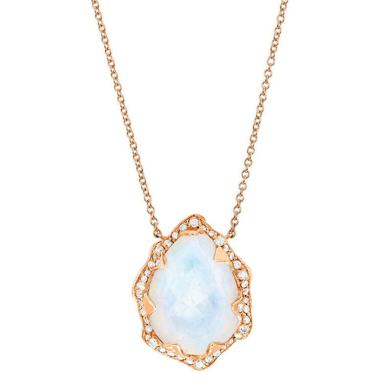 Queen Water Drop Moonstone Necklace with Full Pavé Diamond Halo Rose Gold   by Logan Hollowell Jewelry
