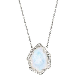 Queen Water Drop Moonstone Necklace with Full Pavé Diamond Halo Necklace White Gold  by Logan Hollowell Jewelry
