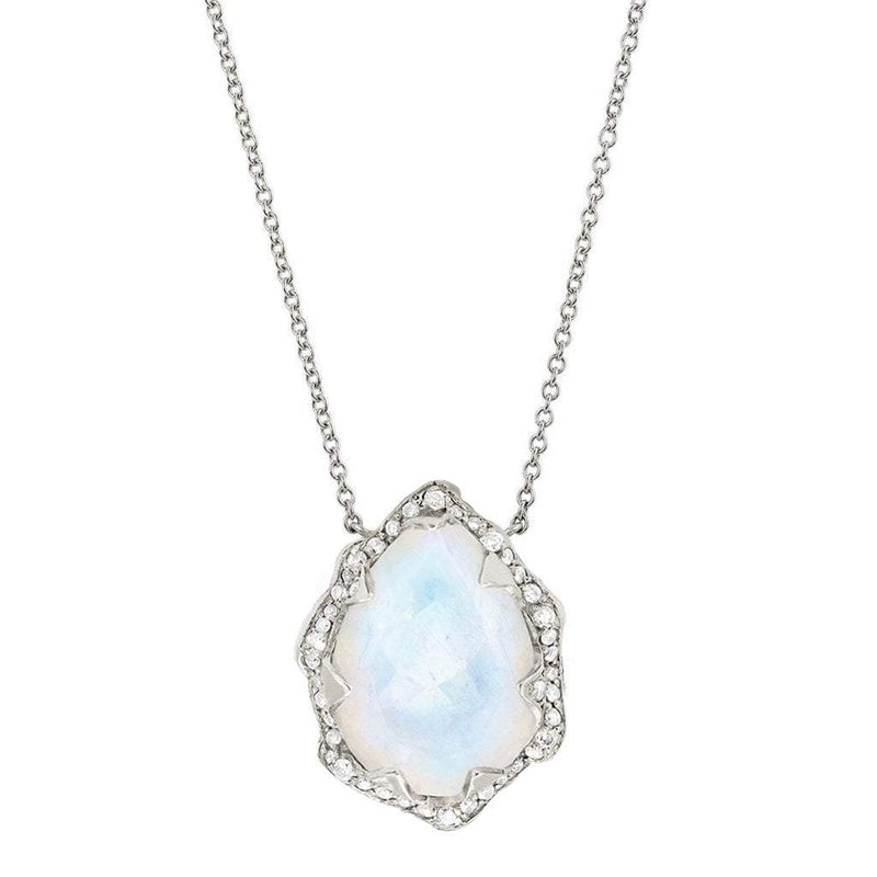 Queen Water Drop Moonstone Necklace with Full Pavé Diamond Halo | Ready to Ship White Gold by Logan Hollowell Jewelry