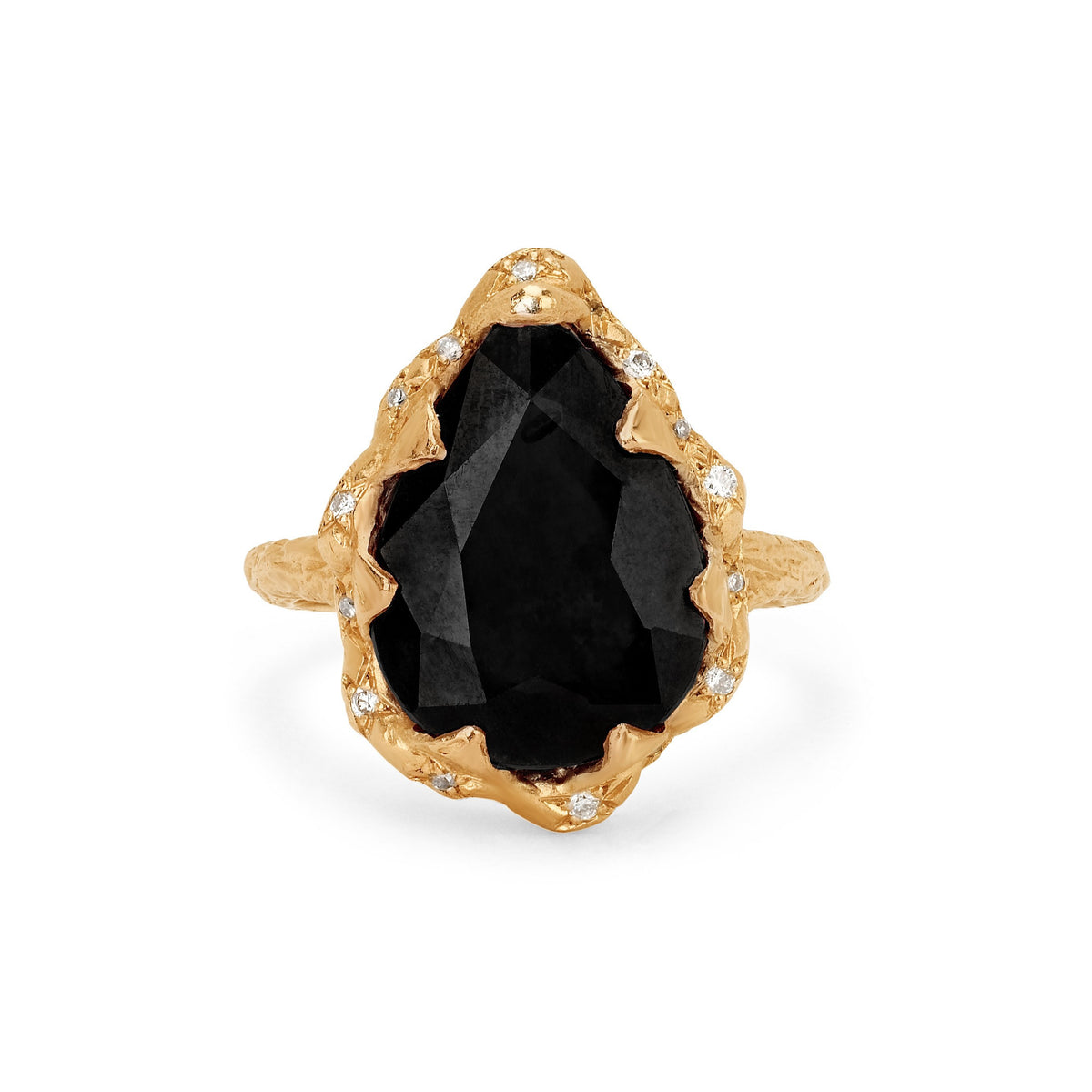 Queen Water Drop Onyx Ring with Sprinkled Diamonds Yellow Gold 3 by Logan Hollowell Jewelry