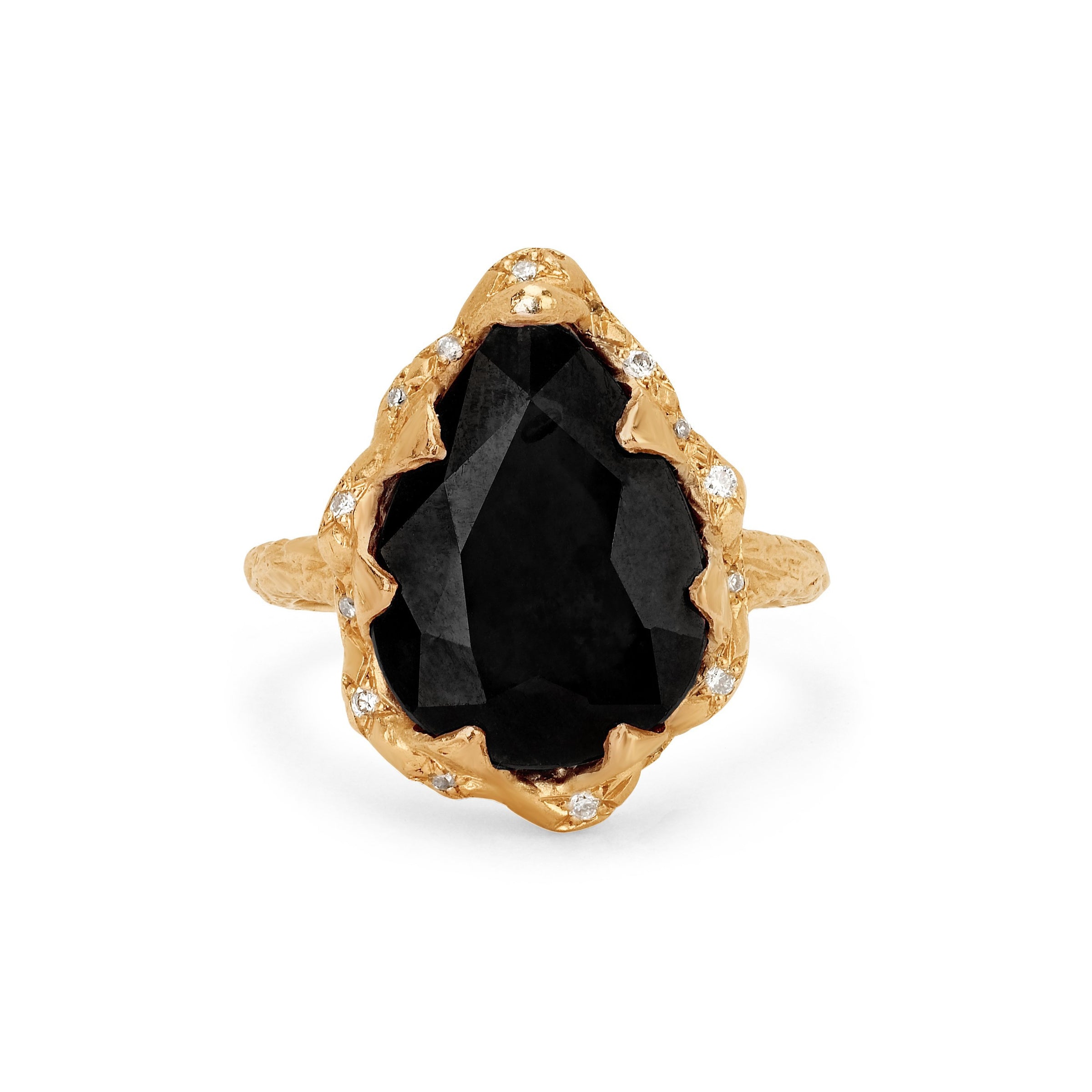 Queen Water Drop Onyx Ring with Sprinkled Diamonds Yellow Gold 3 by Logan Hollowell Jewelry