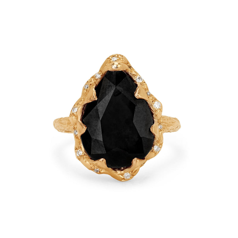 Queen Water Drop Onyx Ring with Sprinkled Diamonds Yellow Gold 3 by Logan Hollowell Jewelry