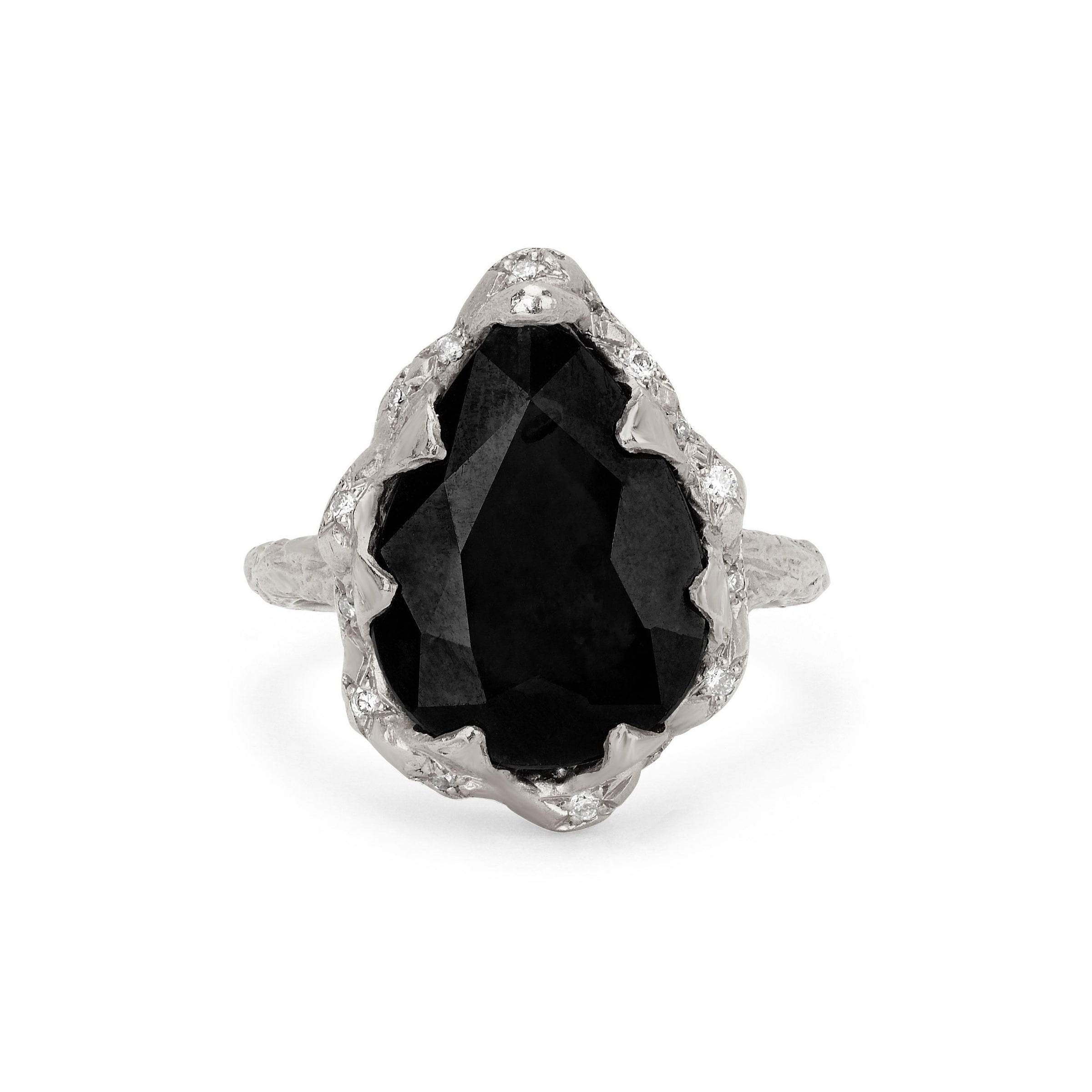 Queen Water Drop Onyx Ring with Sprinkled Diamonds White Gold 3 by Logan Hollowell Jewelry