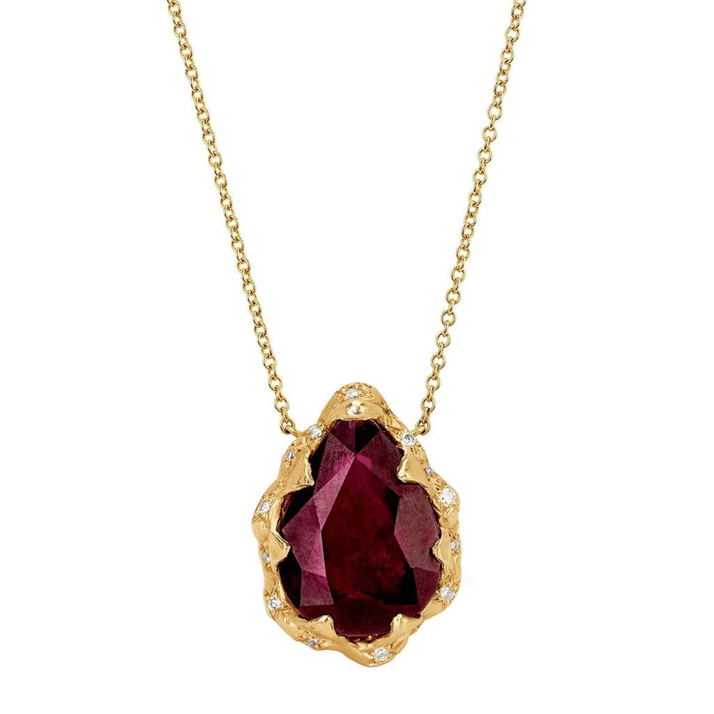 Queen Water Drop Ruby Necklace with Sprinkled Diamonds Yellow Gold by Logan Hollowell Jewelry