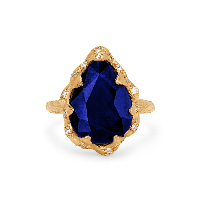 Queen Water Drop Premium Sapphire Ring with Sprinkled Diamonds Yellow Gold 6.5 by Logan Hollowell Jewelry
