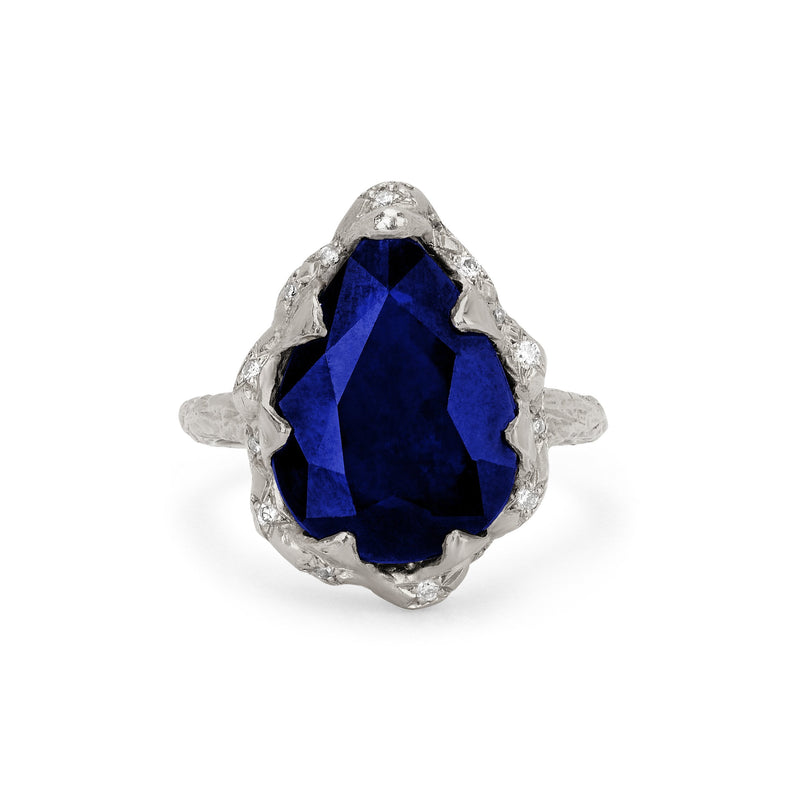 Queen Water Drop Sapphire Ring with Sprinkled Diamonds White Gold 3 by Logan Hollowell Jewelry