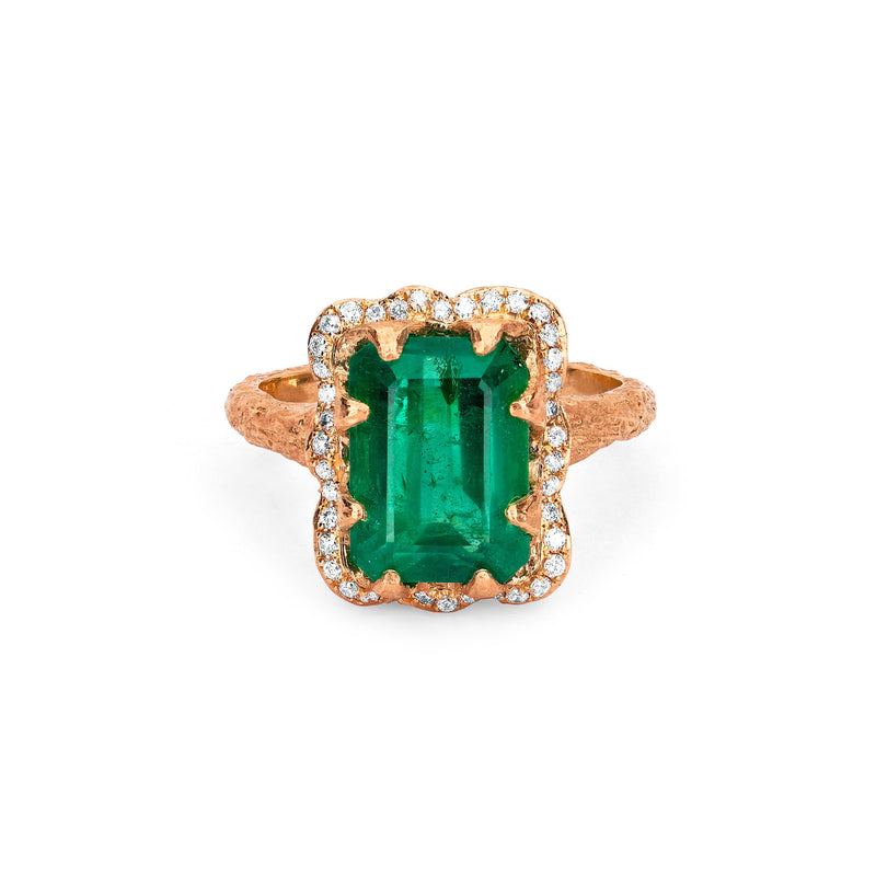 Queen Emerald Cut Emerald Ring with Full Pavé Diamond Halo Rose Gold 3 by Logan Hollowell Jewelry