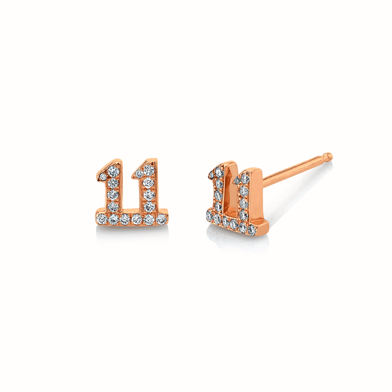 Mini 11 Numerology Studs with Pavé Diamonds Rose Gold Pair  by Logan Hollowell Jewelry