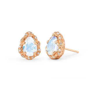Micro Queen Water Drop Moonstone Studs with Sprinkled Diamonds Rose Gold Pair  by Logan Hollowell Jewelry