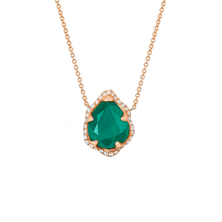 18k Baby Queen Water Drop Colombian Emerald Necklace with Full Pavé Diamond Halo Rose Gold   by Logan Hollowell Jewelry