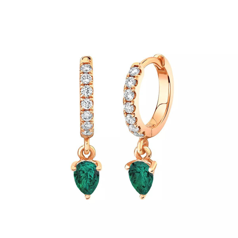Emerald Water Drop Goddess Hoops Rose Gold Pair by Logan Hollowell Jewelry