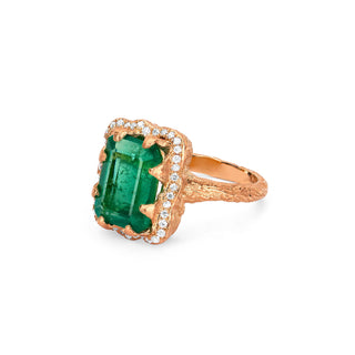 18k Queen Emerald Cut Emerald Ring with Full Pavé Diamond Halo    by Logan Hollowell Jewelry