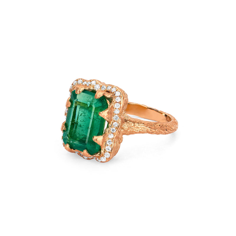 Queen Emerald Cut Emerald Ring with Full Pavé Diamond Halo by Logan Hollowell Jewelry
