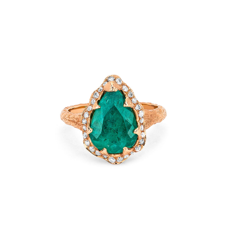 Medium Premium Water Drop Colombian Emerald Queen Ring with Full Pavé Diamond Halo Rose Gold 3 by Logan Hollowell Jewelry