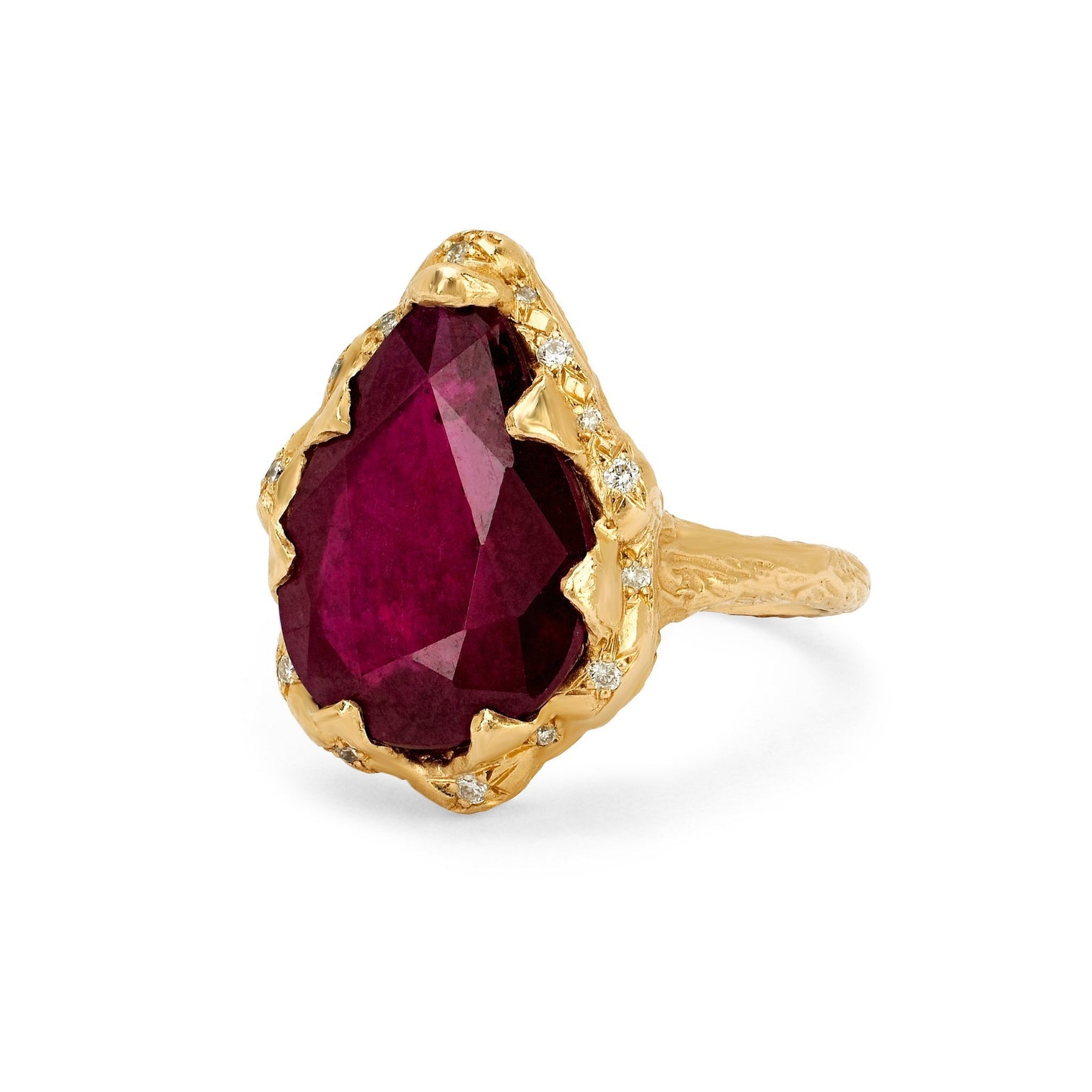 Queen Water Drop Ruby Ring with Sprinkled Diamonds by Logan Hollowell Jewelry