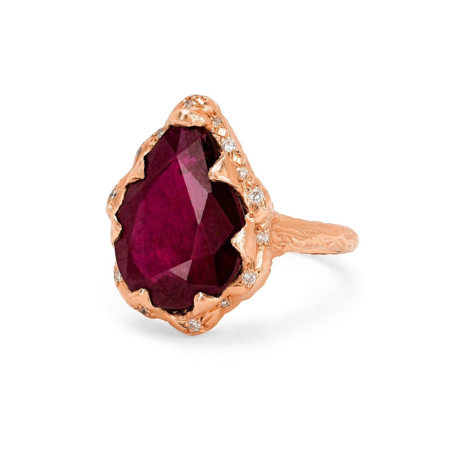 Queen Water Drop Ruby Ring with Sprinkled Diamonds by Logan Hollowell Jewelry