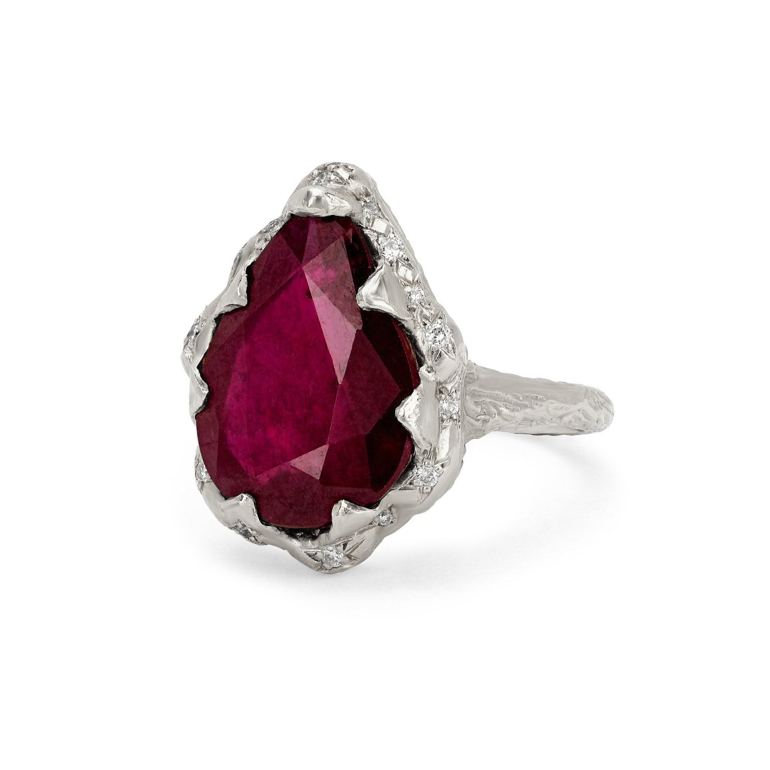 Queen Water Drop Ruby Ring with Sprinkled Diamonds by Logan Hollowell Jewelry