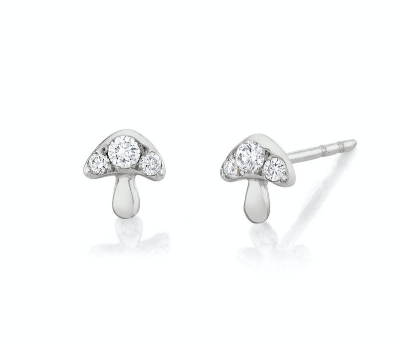 3 Diamond Mini Mushroom Stud Pair White Gold  by Logan Hollowell Jewelry
