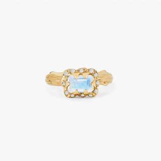 Micro Queen Emerald Cut Moonstone Ring with Sprinkled Diamonds 2.5 Yellow Gold Solid Band by Logan Hollowell Jewelry