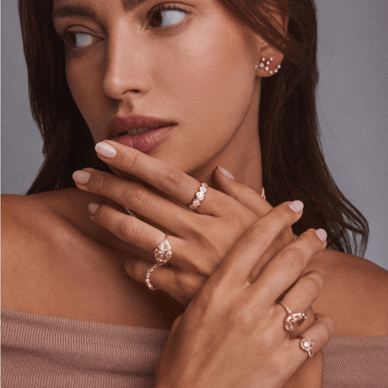 Baby Queen Water Drop Morganite Ring with Sprinkled Diamonds | Ready to Ship by Logan Hollowell Jewelry