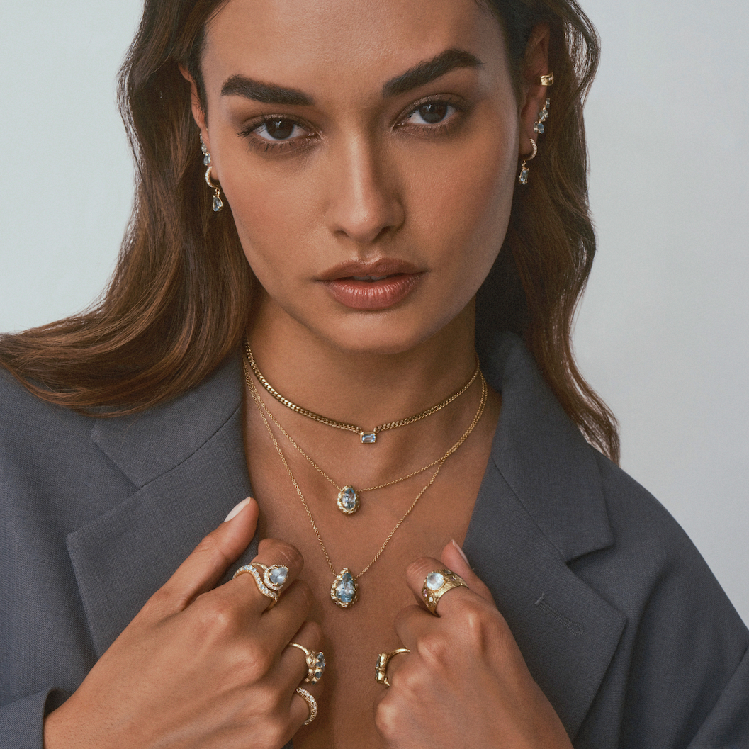 Baby Queen Water Drop Aquamarine Necklace with Full Pavé Diamond Halo    by Logan Hollowell Jewelry