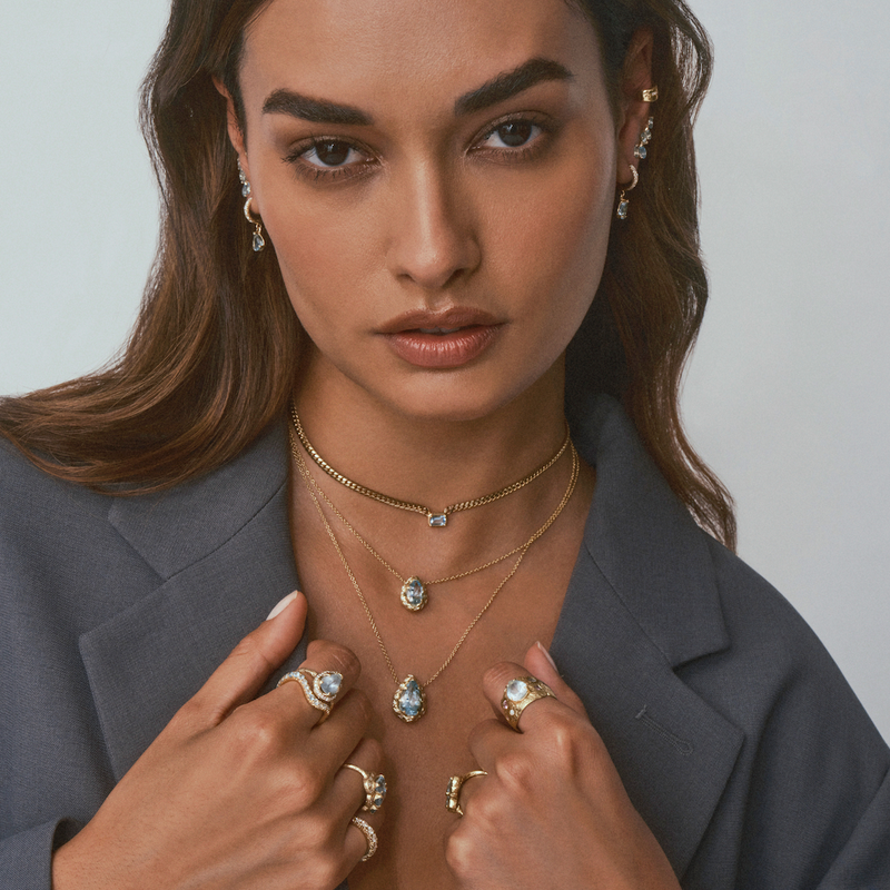 Baby Queen Water Drop Aquamarine Necklace with Full Pavé Diamond Halo    by Logan Hollowell Jewelry
