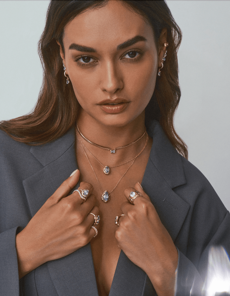 Queen Water Drop Aquamarine Necklace with Full Pavé Diamond Halo | Ready to Ship by Logan Hollowell Jewelry