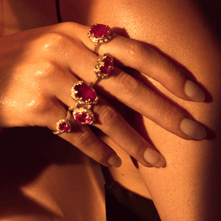 Baby Queen Water Drop Ruby Ring with Full Pavé Diamond Halo    by Logan Hollowell Jewelry