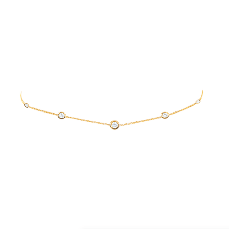 5 Moonstone Orbit Bezel Choker Yellow Gold 14-15-16" by Logan Hollowell Jewelry