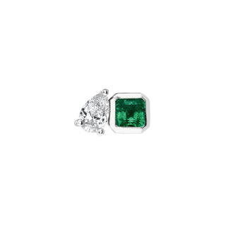 Lovers Duet Emerald & Diamond Studs White Gold Single Earring  by Logan Hollowell Jewelry