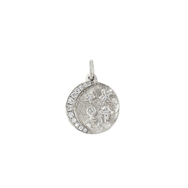 Petite Divine Feminine Alchemy Coin Charm White Gold by Logan Hollowell Jewelry