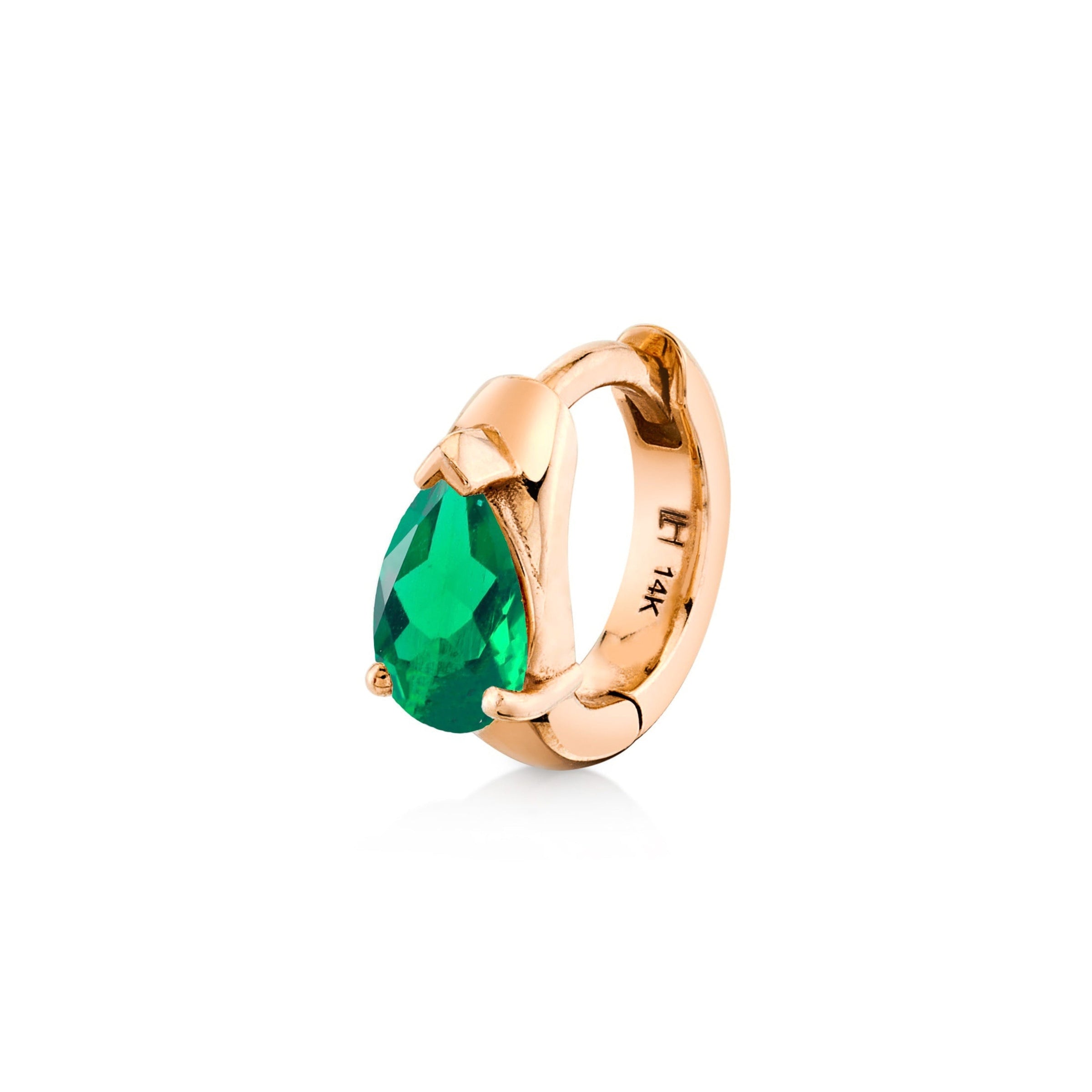 Water Drop Emerald Pear Huggie Rose Gold Single by Logan Hollowell Jewelry