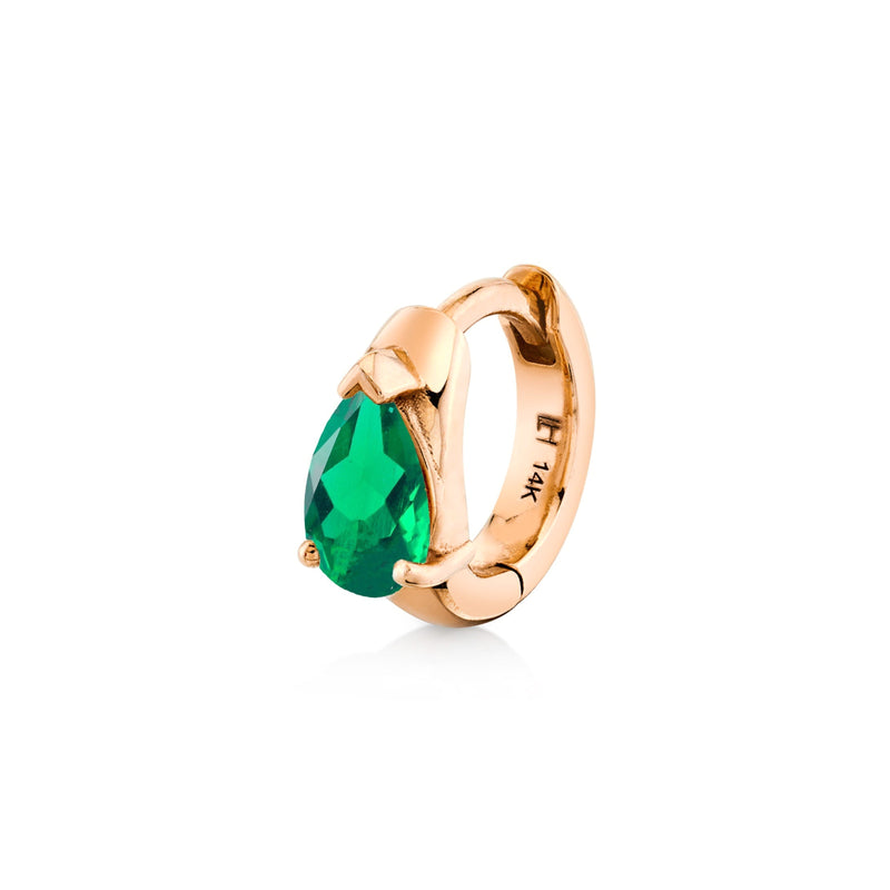 Water Drop Emerald Pear Huggie Rose Gold Single by Logan Hollowell Jewelry