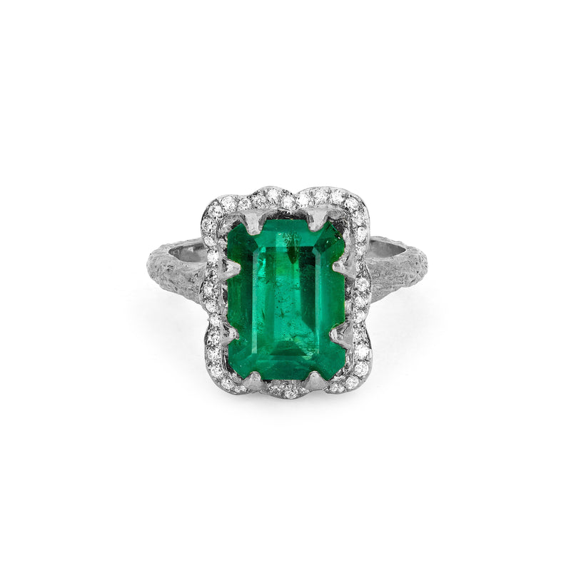 Queen Emerald Cut Emerald Ring with Full Pavé Diamond Halo White Gold 3 by Logan Hollowell Jewelry