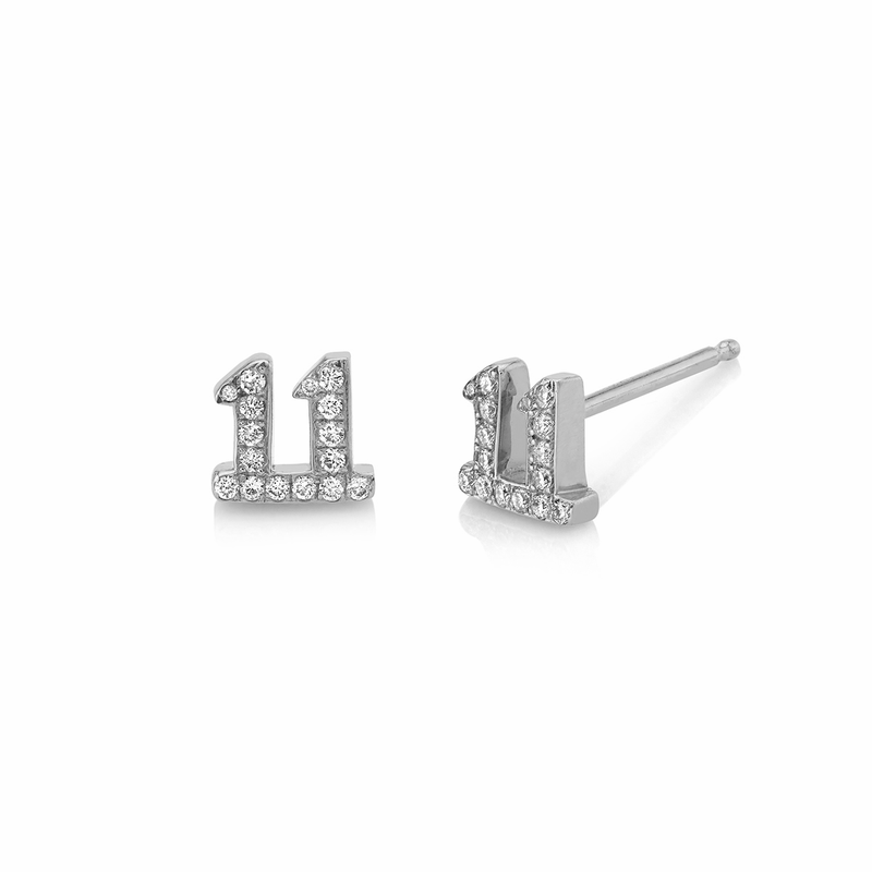 Mini 11 Numerology Studs with Pavé Diamonds White Gold Pair  by Logan Hollowell Jewelry