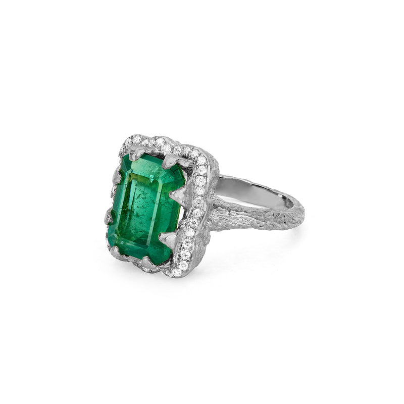 Queen Emerald Cut Emerald Ring with Full Pavé Diamond Halo by Logan Hollowell Jewelry