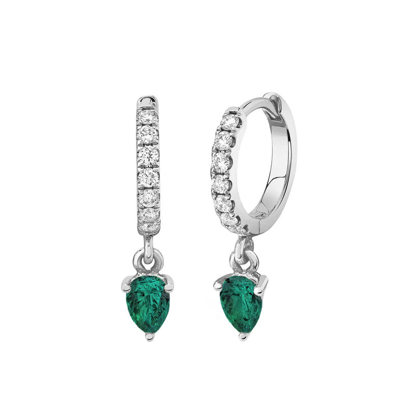 Emerald Water Drop Goddess Hoops White Gold Pair by Logan Hollowell Jewelry