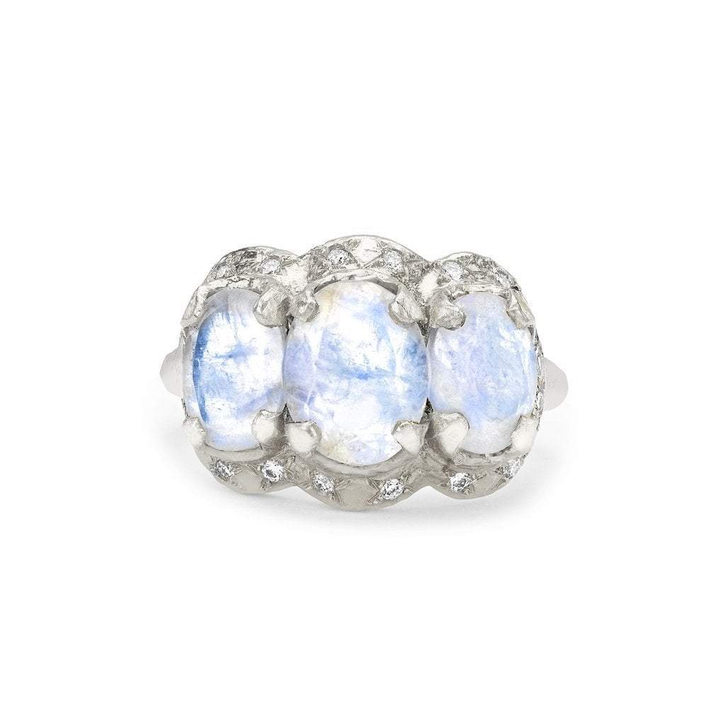 Queen Triple Goddess Moonstone Ring with Sprinkled Diamonds White Gold 7.5 by Logan Hollowell Jewelry