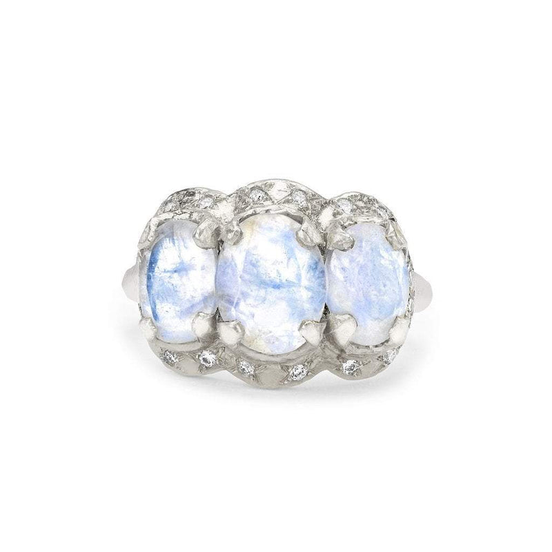 Queen Triple Goddess Moonstone Ring with Sprinkled Diamonds White Gold 7.5 by Logan Hollowell Jewelry