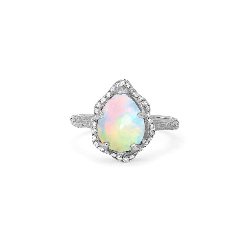 Baby Queen Water Drop White Opal Ring with Full Pavé Diamond Halo White Gold 3  by Logan Hollowell Jewelry