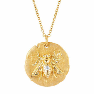 18k Sacred Honey Bee Coin Necklace with Single Diamond | Ready to Ship Yellow Gold 18" Ball Chain by Logan Hollowell Jewelry