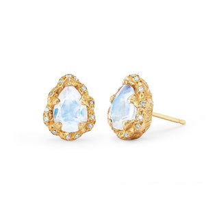 Micro Queen Water Drop Moonstone Studs with Sprinkled Diamonds Yellow Gold Pair  by Logan Hollowell Jewelry
