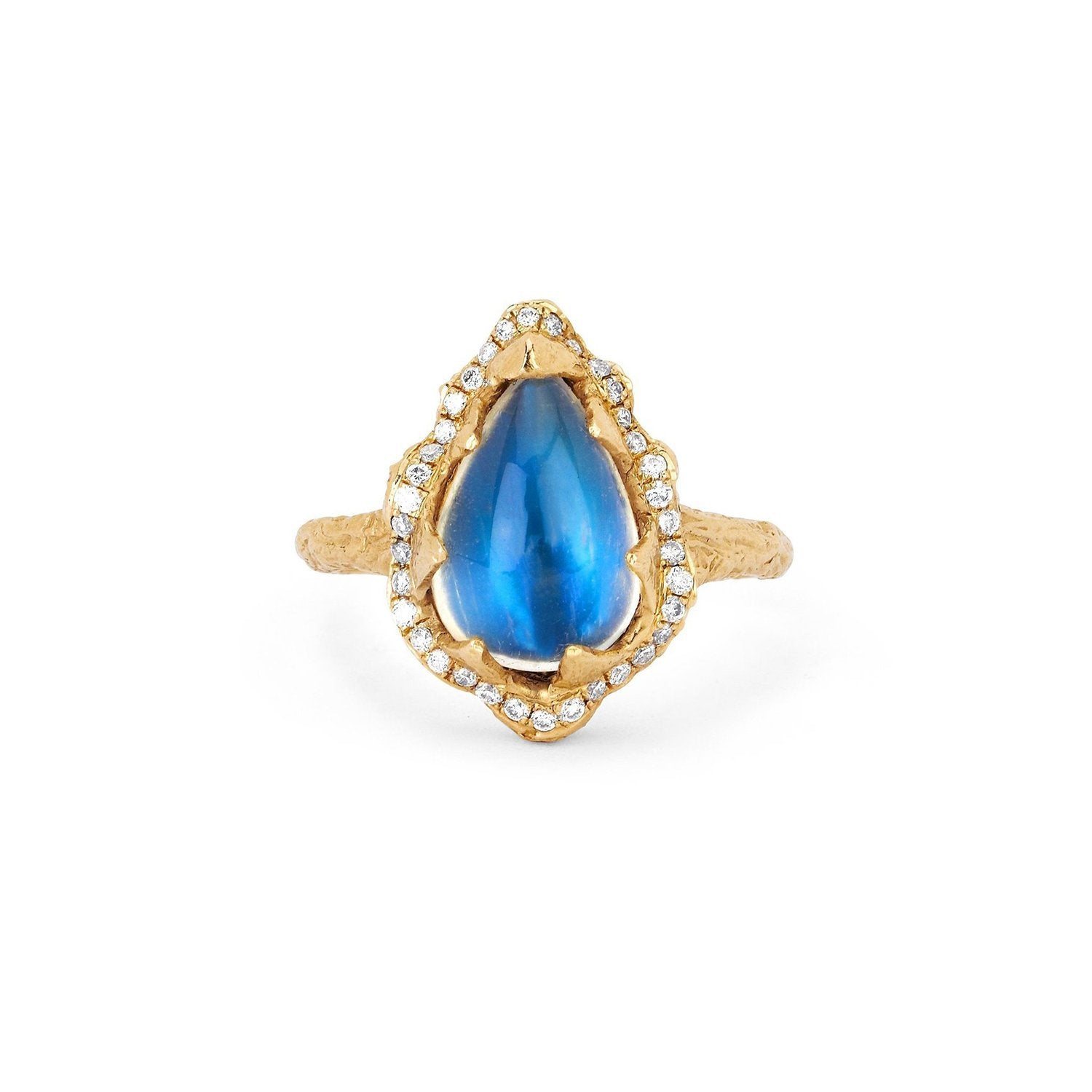 Baby Queen Water Drop Blue Sheen Moonstone Ring with Full Pavé Halo Yellow Gold 3  by Logan Hollowell Jewelry