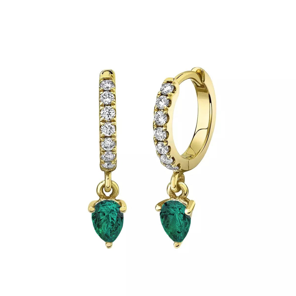 Emerald Water Drop Goddess Hoops Yellow Gold Pair by Logan Hollowell Jewelry